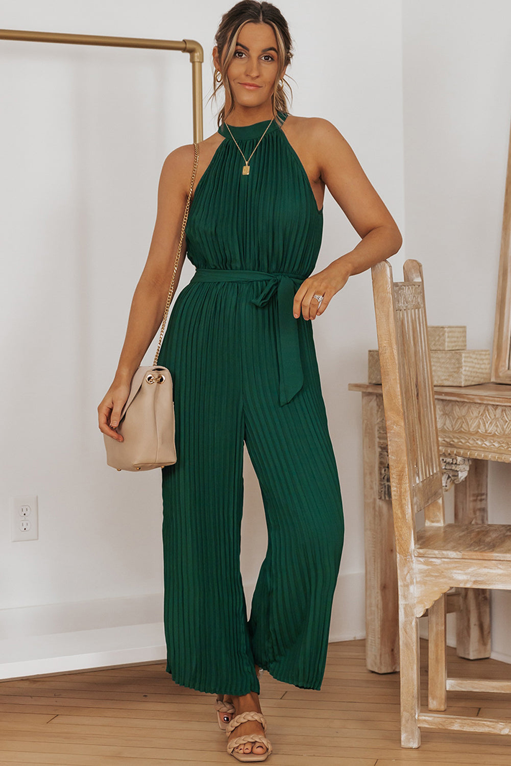 JUMPER ROMPER Accordion Pleated Belted Grecian Neck Sleeveless Jumpsuit